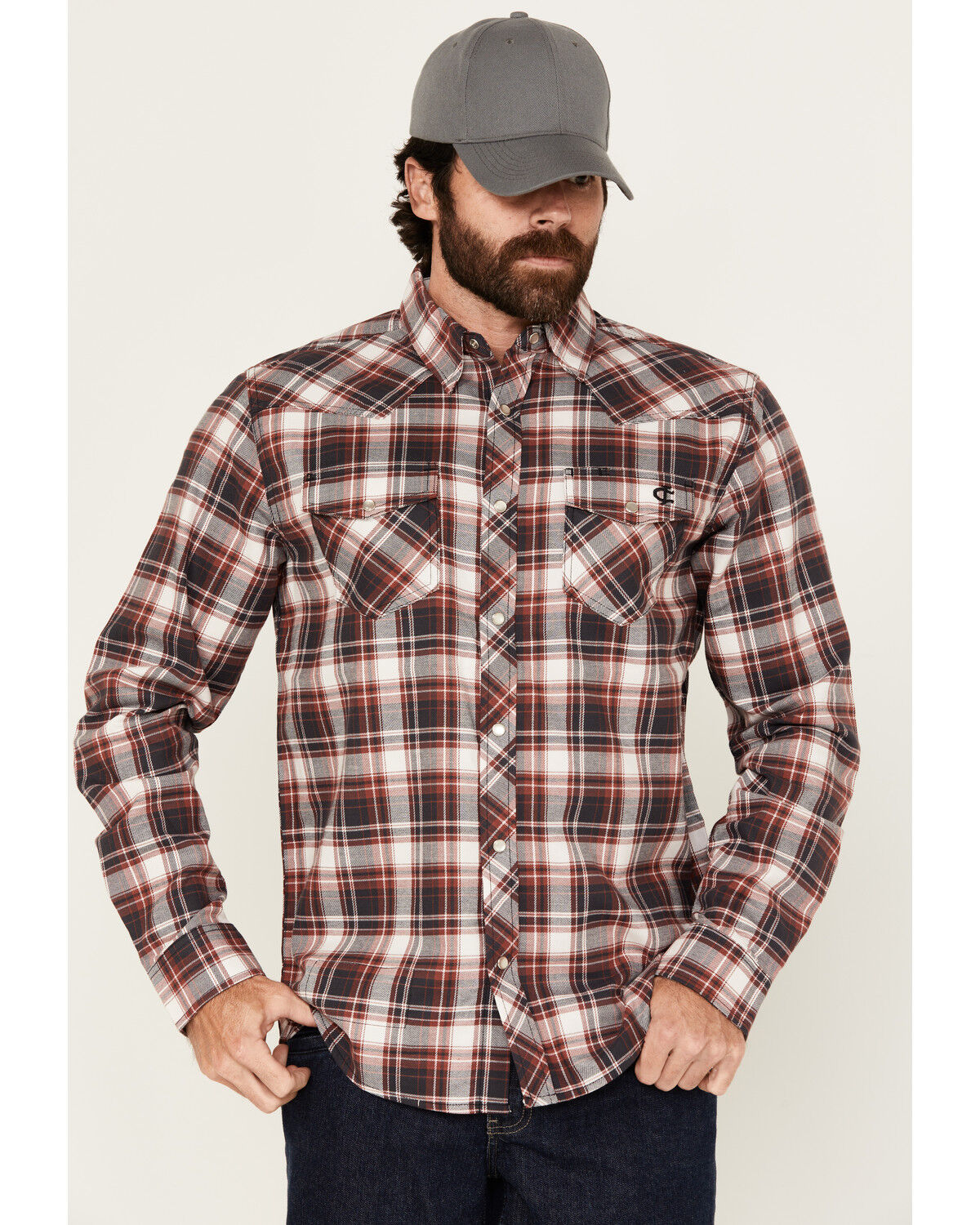Image #1 - Cody James Men's FR Plaid Print Long Sleeve Snap Work Shirt, Burgundy, hi-res
