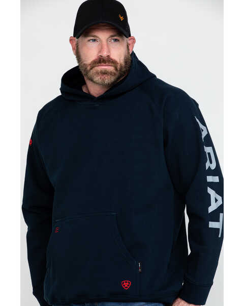 Ariat Men's FR Primo Fleece Logo Hooded Work Sweatshirt - Tall , Navy, hi-res