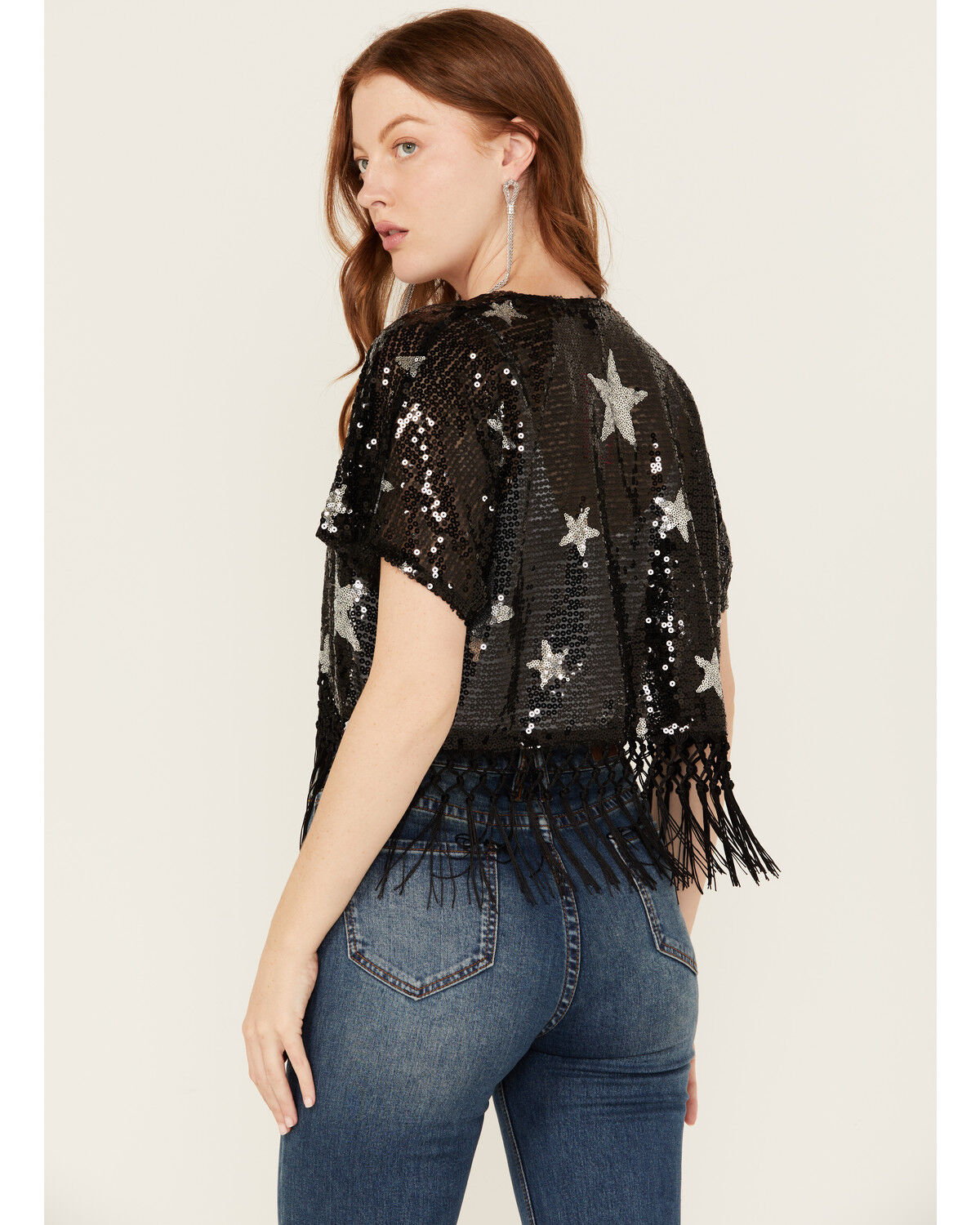 Image #4 - Rock & Roll Denim Women's Star Sequins Fringe Bolero, Black, hi-res