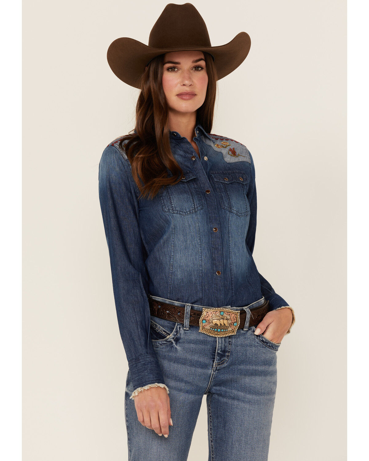 Image #1 - Tasha Polizzzi Women's Arizona Denim Embroidered Shirt, Blue, hi-res