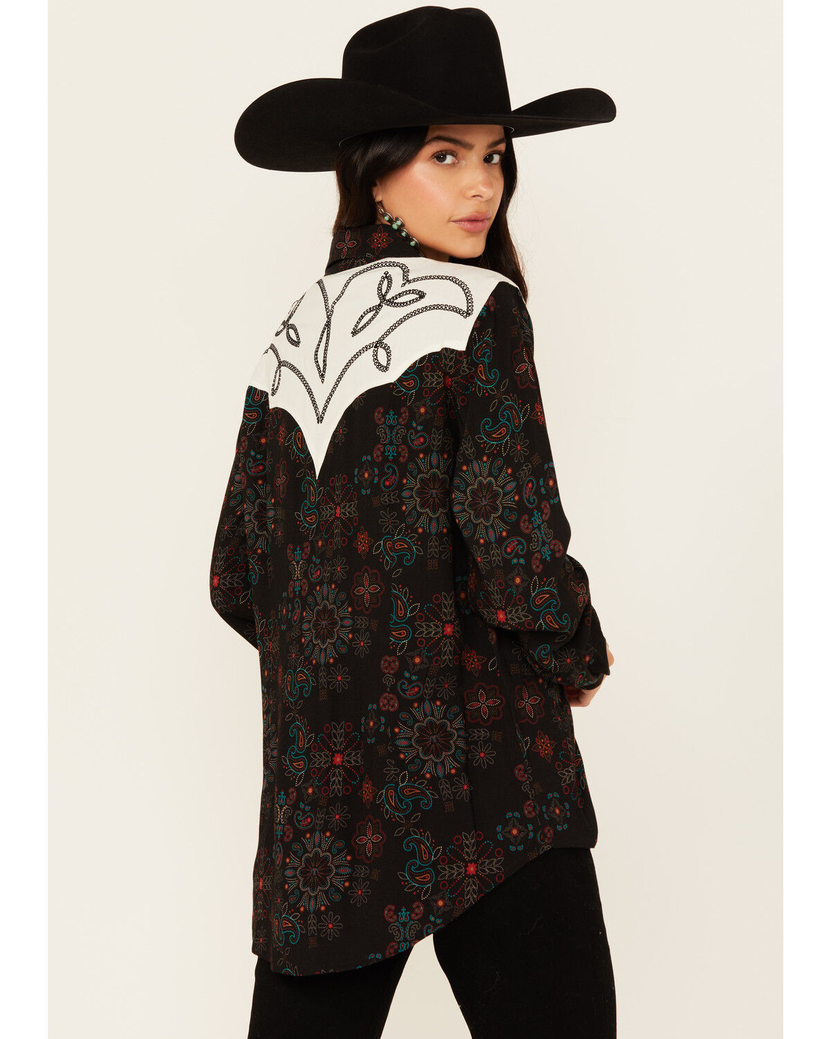 Image #4 - Panhandle Women's Floral Print Embroidered Long Sleeve Snap Western Shirt, Black, hi-res