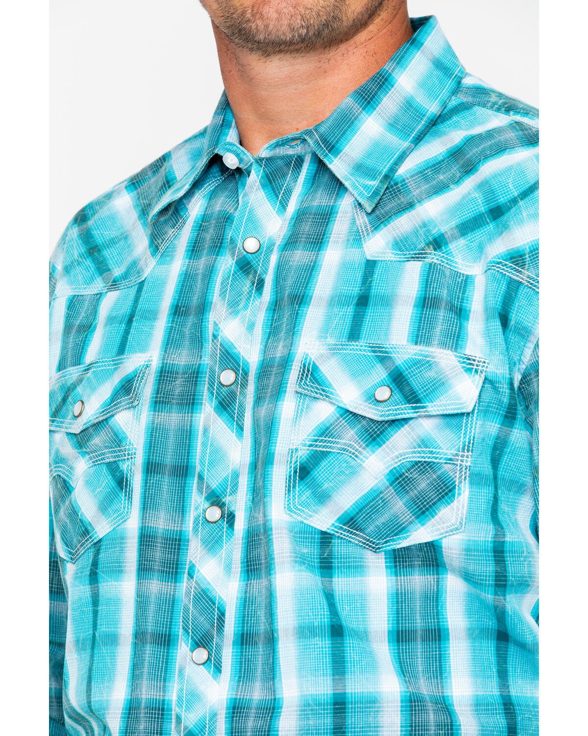 Image #4 - Rock & Roll Denim Men's Poplin Plaid Print Snap Long Sleeve Western Shirt, Blue, hi-res