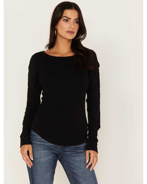 Free People Women's Daisy Chain Cuff Knit Long Sleeve Top, Black, hi-res