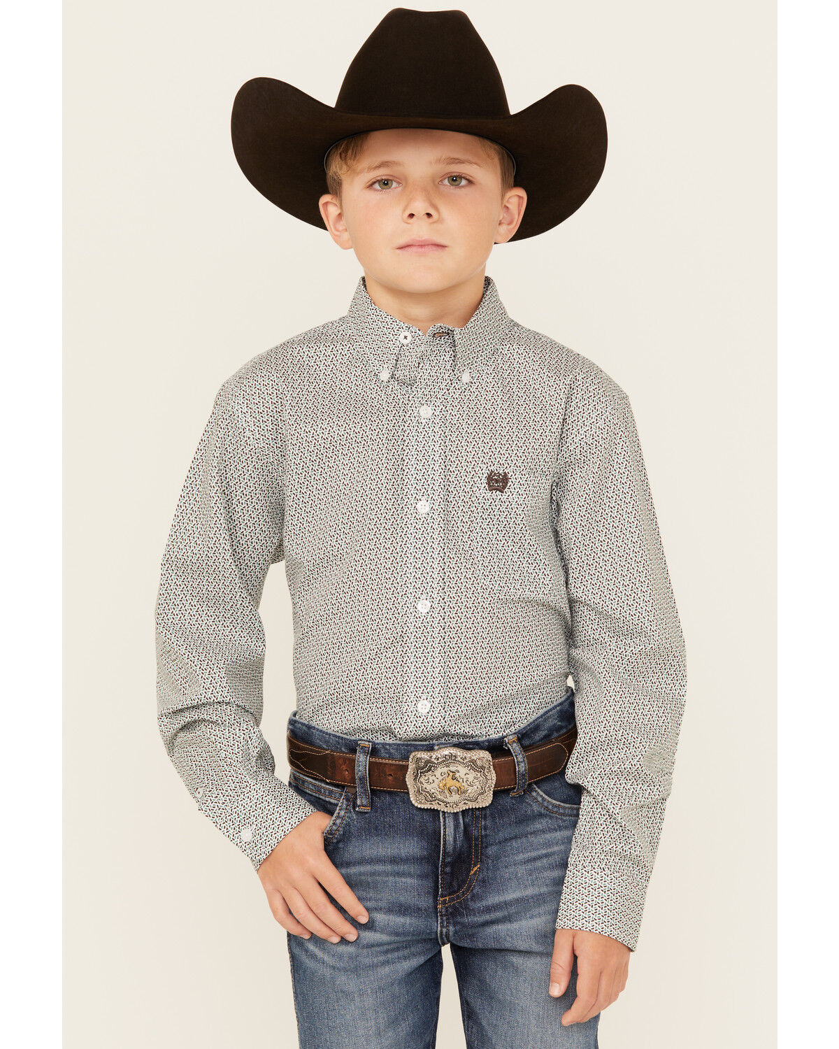Image #1 - Cinch Boys' Geo Print Long Sleeve Button-Down Western Shirt, White, hi-res