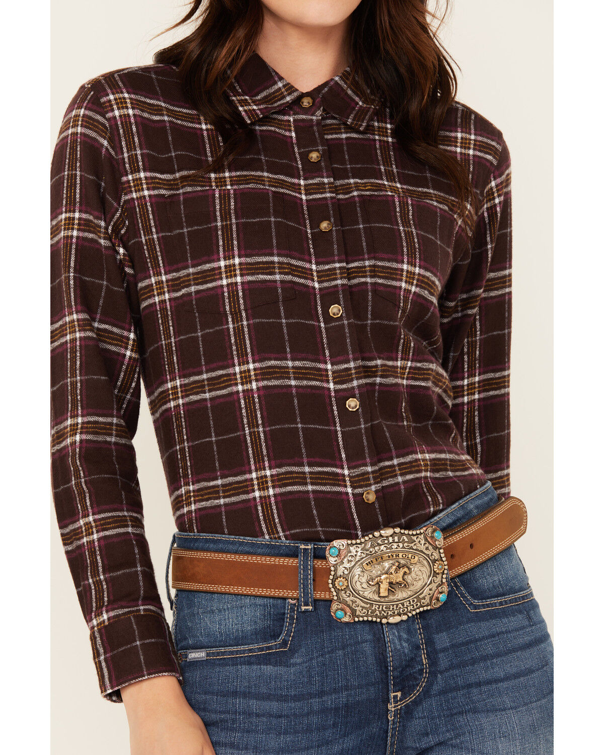 Image #3 - Shyanne Women's Plaid Print Long Sleeve Snap Western Shirt, Chocolate, hi-res