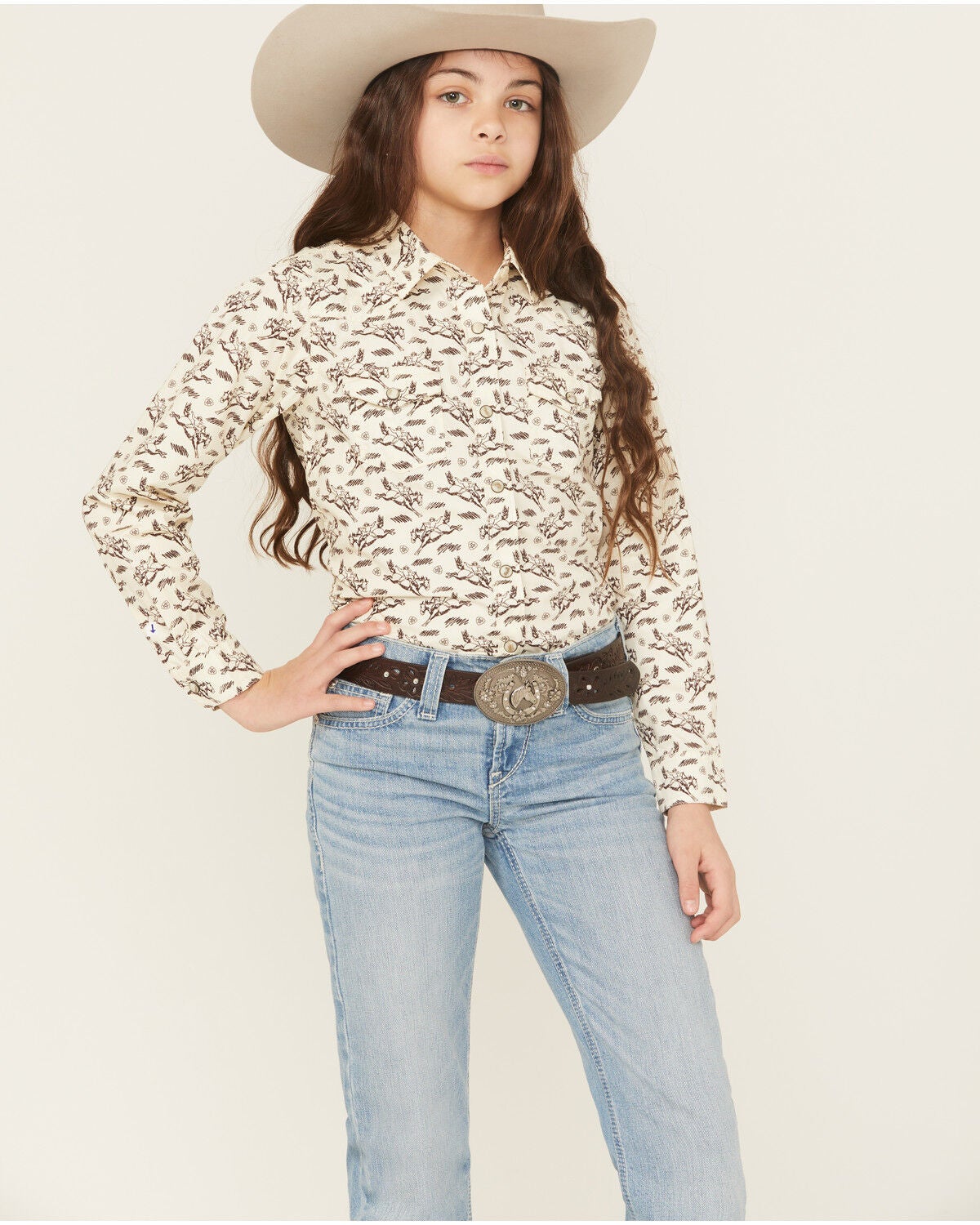 Ariat Girls' Horse Print Long Sleeve Snap Western Shirt, Cream, hi-res
