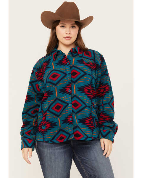 Image #1 - Outback Trading Co. Women's Eleanor Southwestern Fleece Shacket, Teal, hi-res