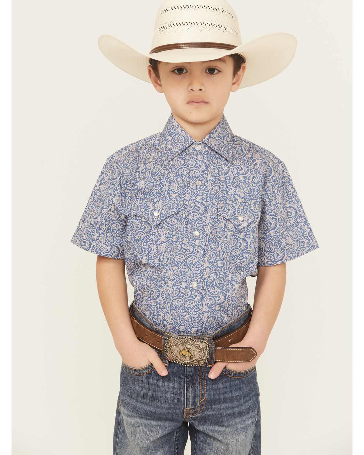 Image #1 - Ely Walker Boys' Paisley Print Short Sleeve Pearl Snap Western Shirt, Navy, hi-res