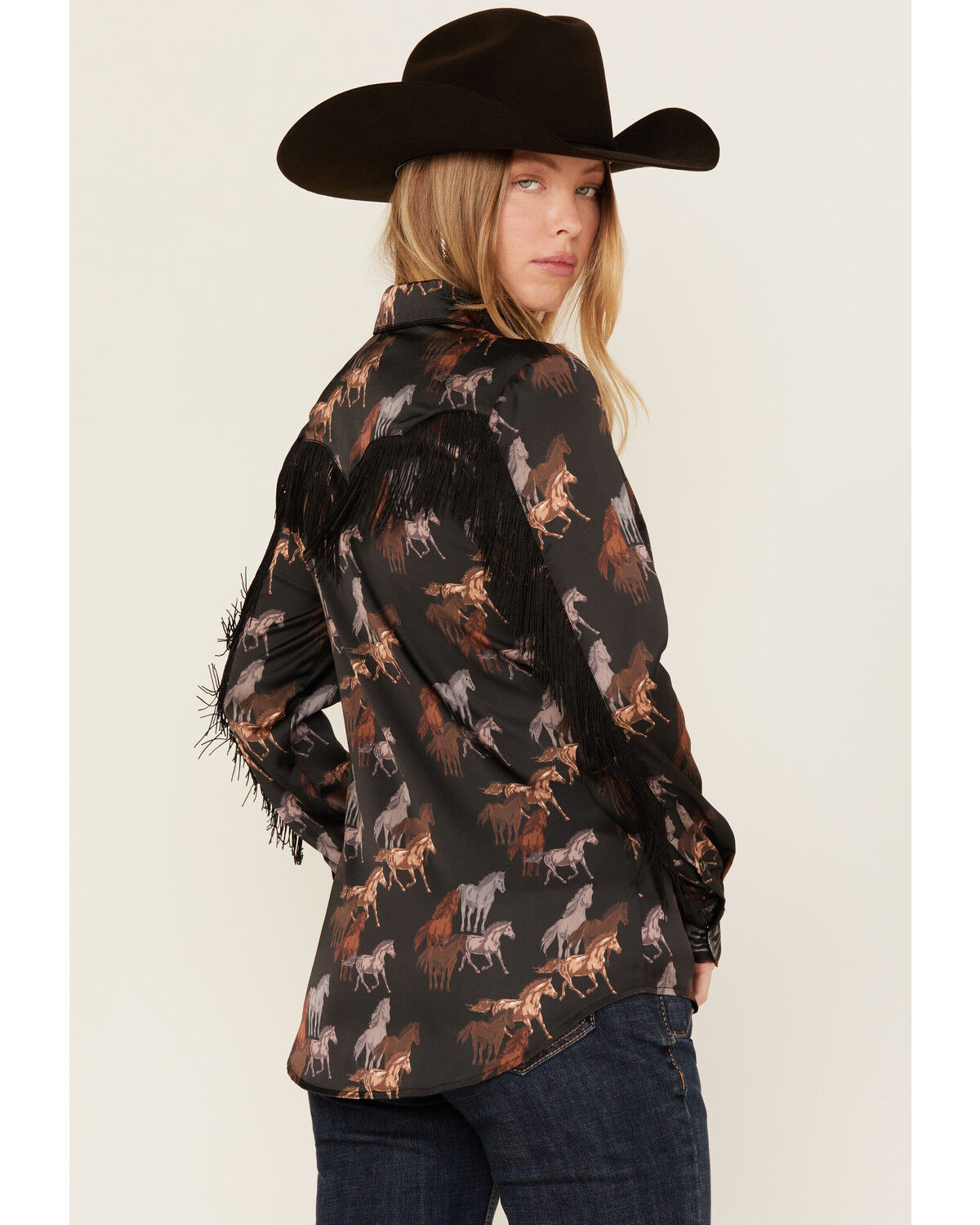 Image #4 - Rock & Roll Denim Women's Horse Print Fringe Long Sleeve Snap Stretch Western Shirt, Black, hi-res