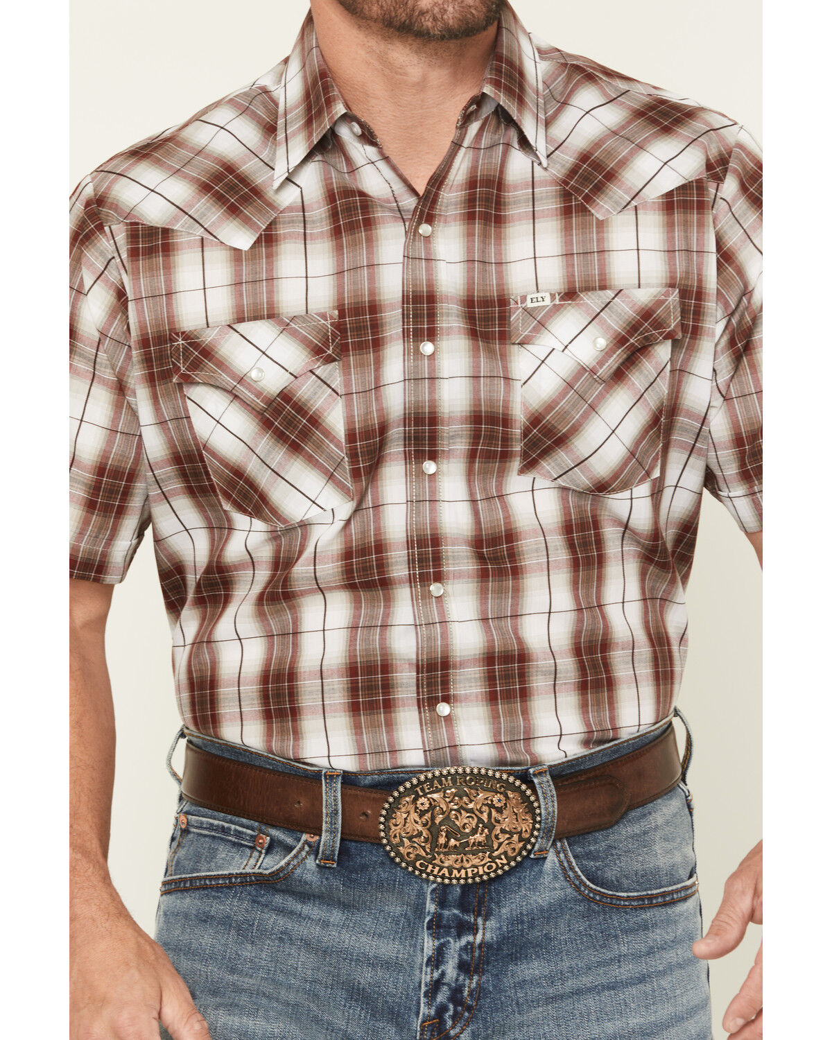 Image #3 - Ely Walker Men's Plaid Print Short Sleeve Snap Western Shirt - Tall, Burgundy, hi-res