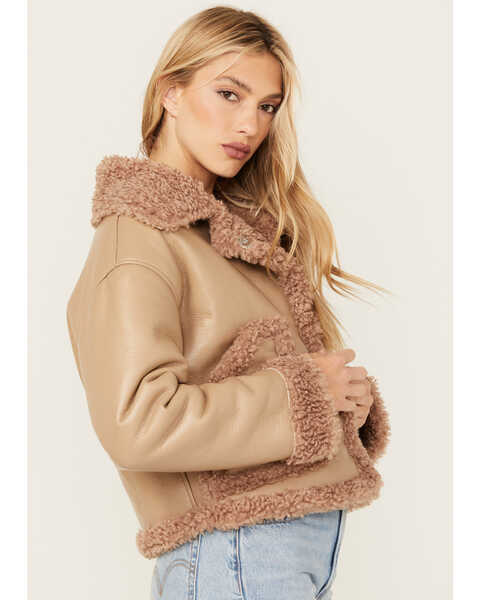 Image #2 - Cleo + Wolf Women's Reversible Sherpa Trimmed Moto Jacket , Taupe, hi-res