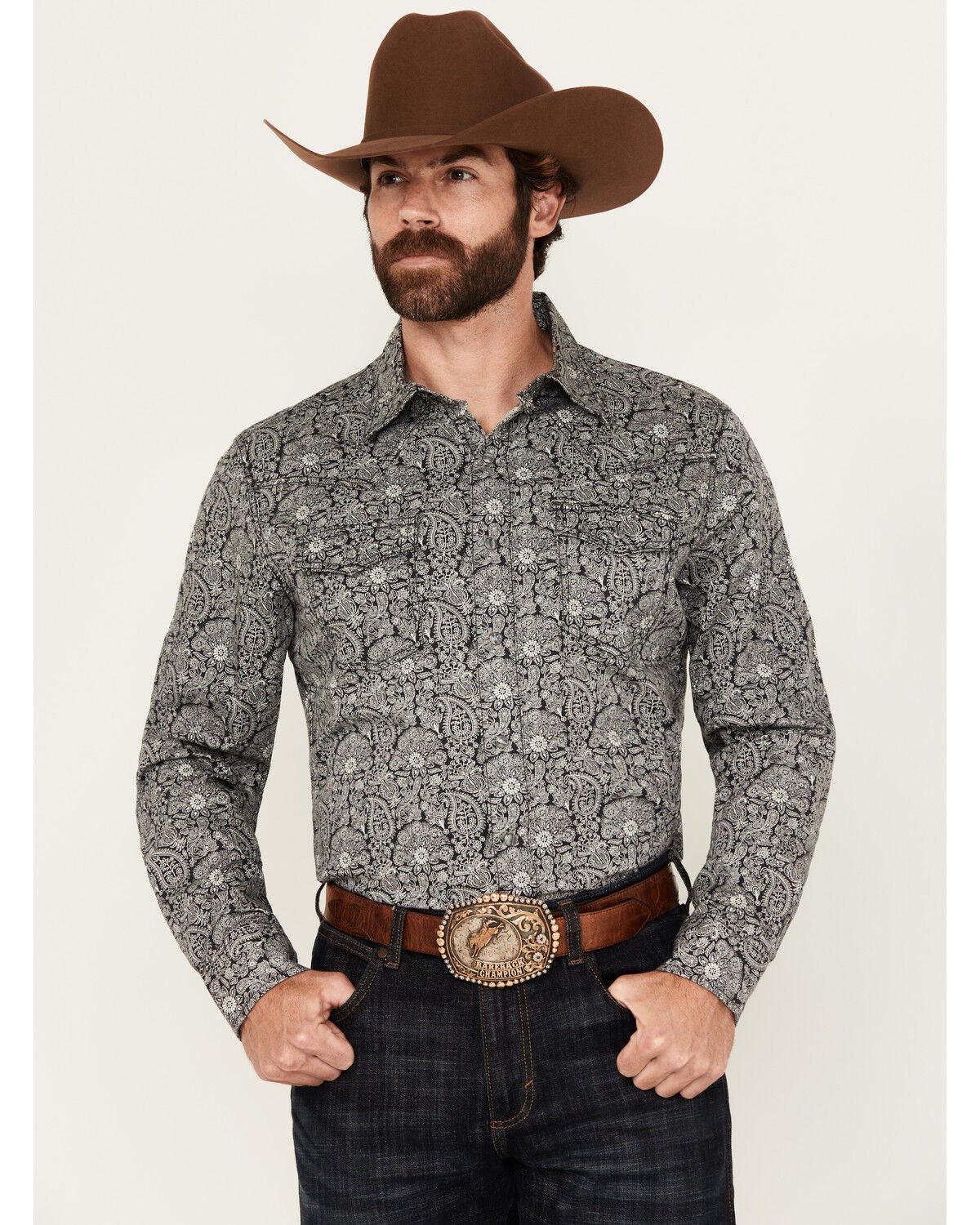 Image #1 - Wrangler Retro Men's Paisley Print Long Sleeve Snap Western Shirt, Navy, hi-res