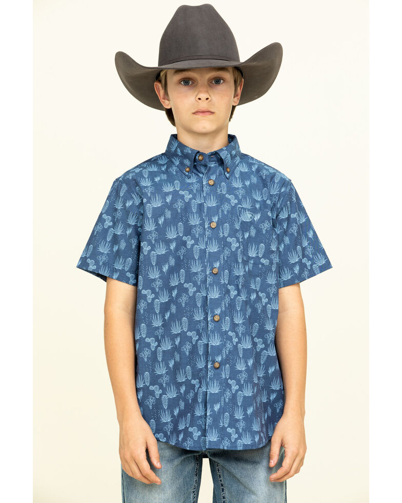Ariat Boys' Tavares Cactus Print Short Sleeve Western Shirt , Navy, hi-res