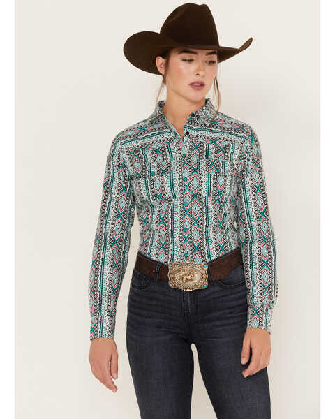 RANK 45 Women's Southwestern Striped Print Long Sleeve Western Riding Snap Shirt, Teal, hi-res