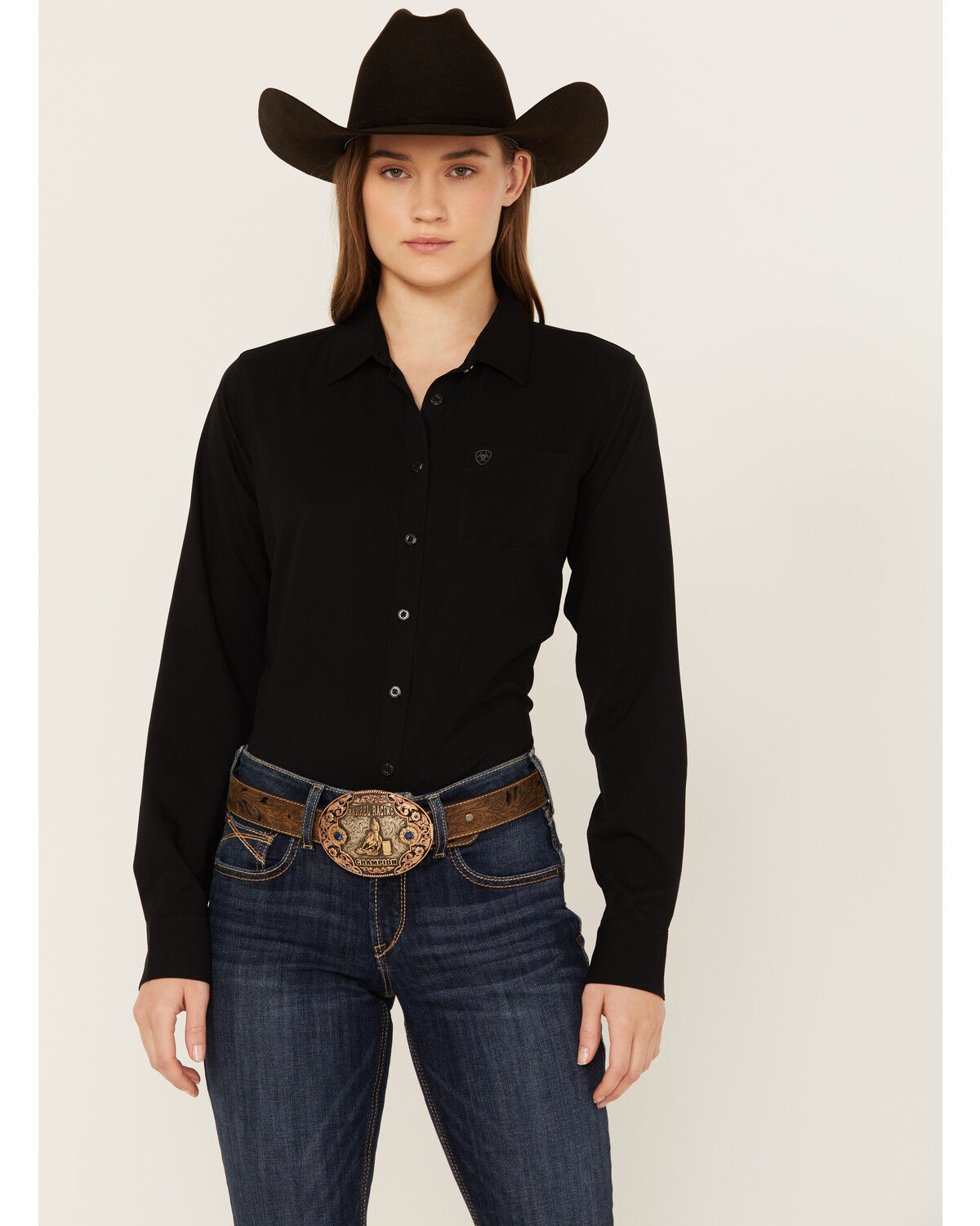 Image #1 - Ariat Women's Solid Long Sleeve Button-Down Performance Western Shirt, Black, hi-res