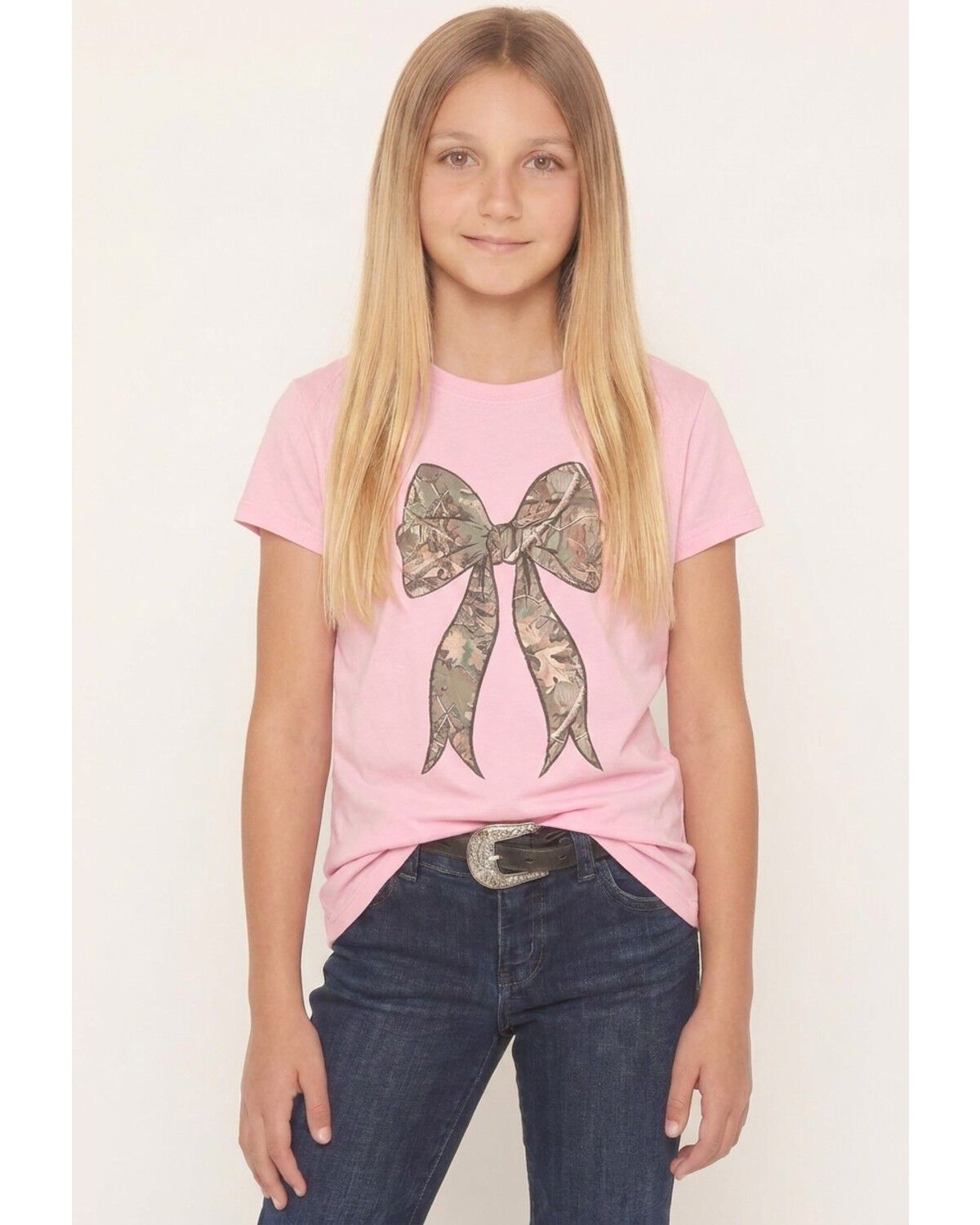 Americana Girls' Camo Bow Short Sleeve Graphic Tee, Pink, hi-res
