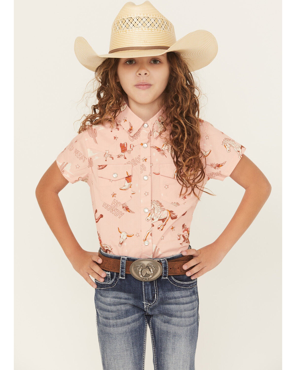 Shyanne Girls' Conversational Print Fringe Short Sleeve Snap Stretch Western Shirt, Light Pink, hi-res