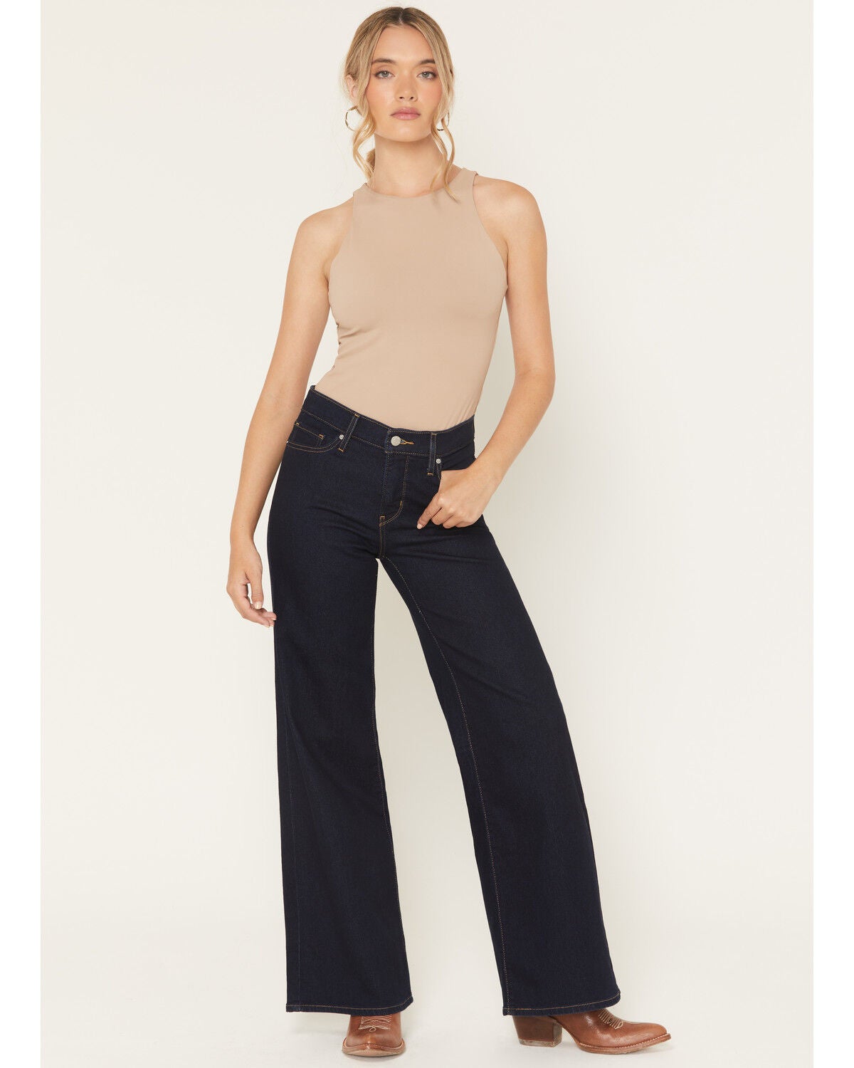 Levi's Women's Darkest Sky Dark Wash Mid Rise Shaping Wide Leg Stretch Denim Jeans, Dark Wash, hi-res