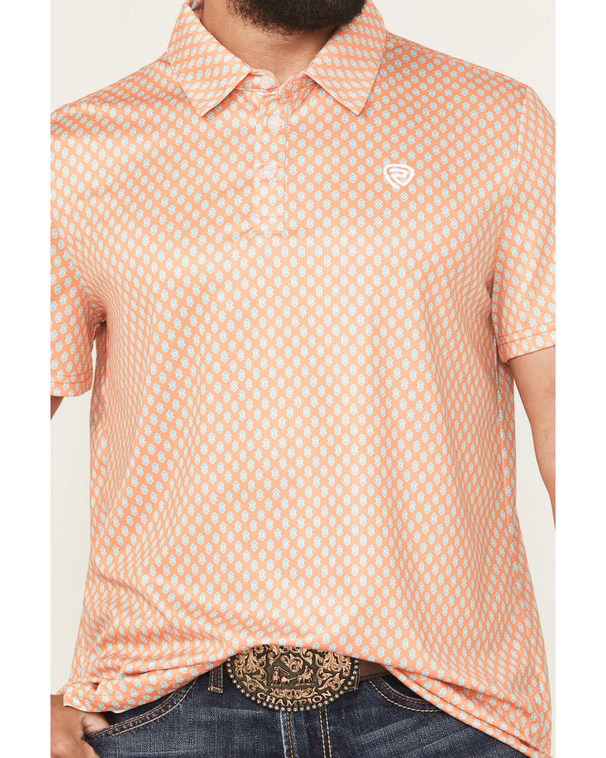 Image #3 - Rock & Roll Denim Men's Geo Print Short Sleeve Button-Down Stretch Polo Shirt, Orange, hi-res
