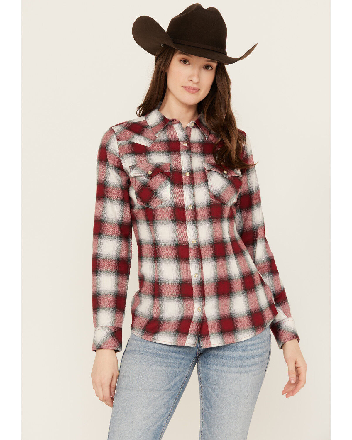 Image #1 - Wrangler Retro Women's Boot Barn Exclusive Long Sleeve Snap Western Flannel Shirt, Burgundy, hi-res