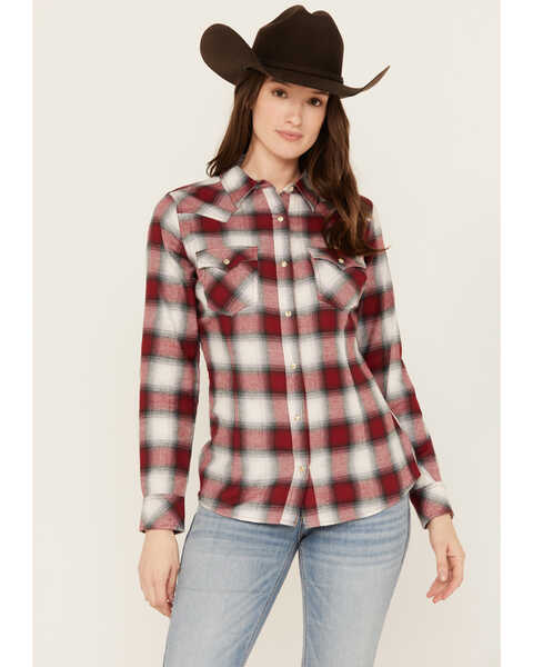 Wrangler Retro Women's Long Sleeve Snap Western Flannel Shirt, Burgundy, hi-res