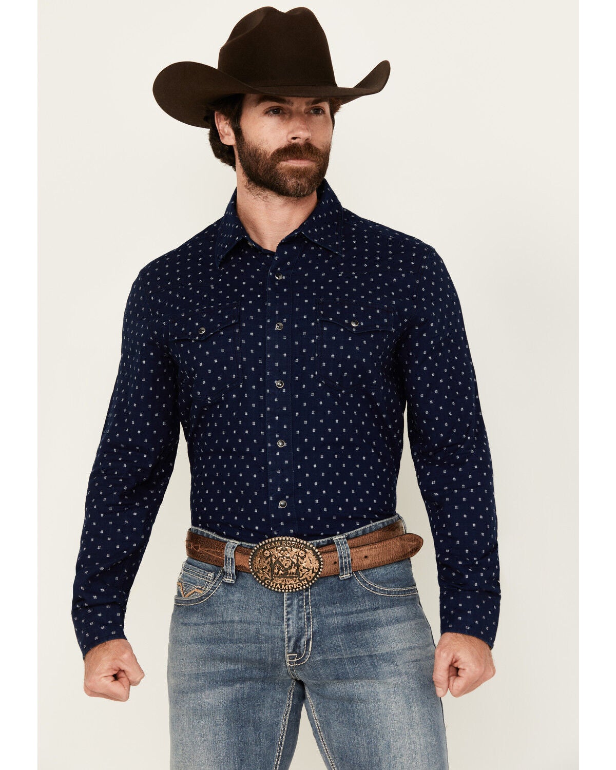 Wrangler Retro Men's Printed Long Sleeve Snap Western Shirt, Navy, hi-res