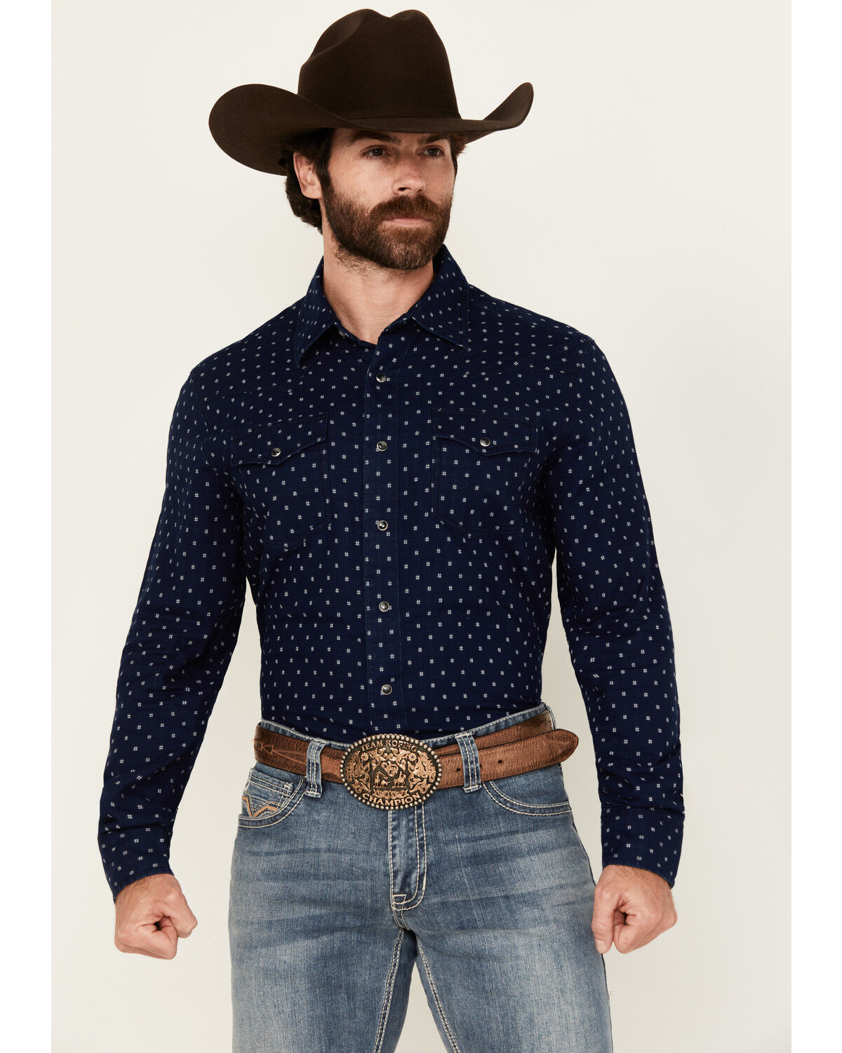 Image #1 - Wrangler Retro Men's Printed Long Sleeve Snap Western Shirt, Navy, hi-res