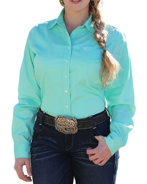 Image #1 - Cinch Women's Solid Green Button Down Western Shirt, Green, hi-res