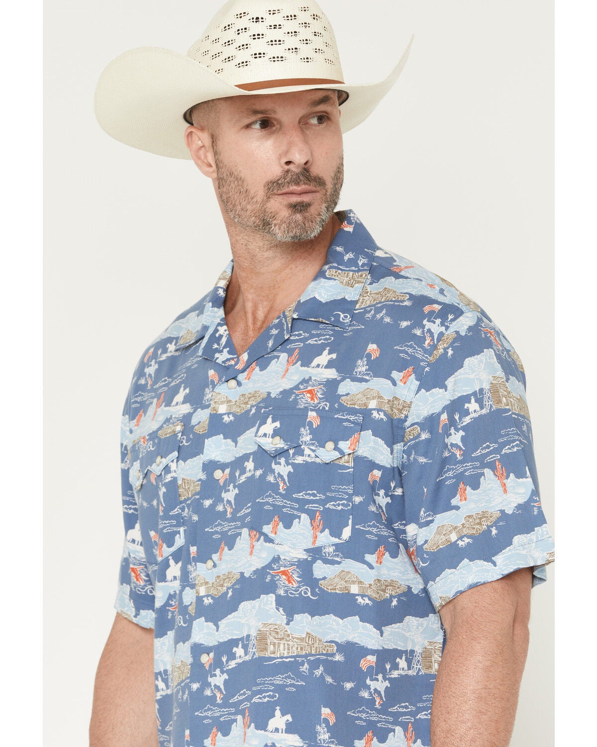 Image #2 - Wrangler Men's Coconut Cowboy Conversation Print Short Sleeve Snap Western Shirt, Blue, hi-res