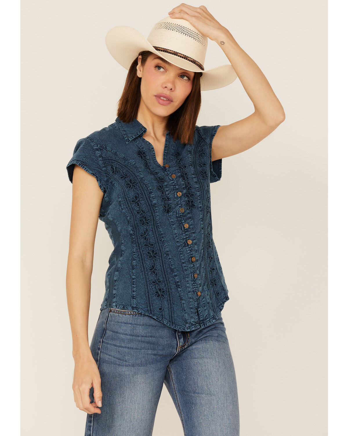 Image #1 - Scully Women's Cap Sleeve Peruvian Cotton Top, Dark Blue, hi-res