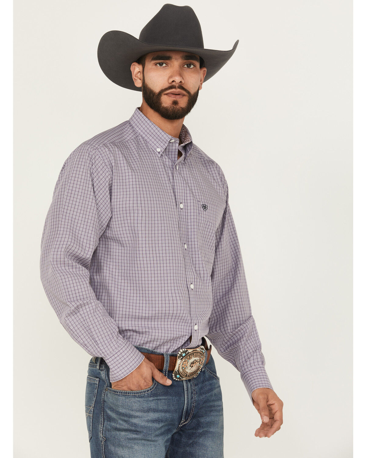 Image #2 - Ariat Men's Roger Plaid Print Long Sleeve Button-Down Western Shirt, Purple, hi-res