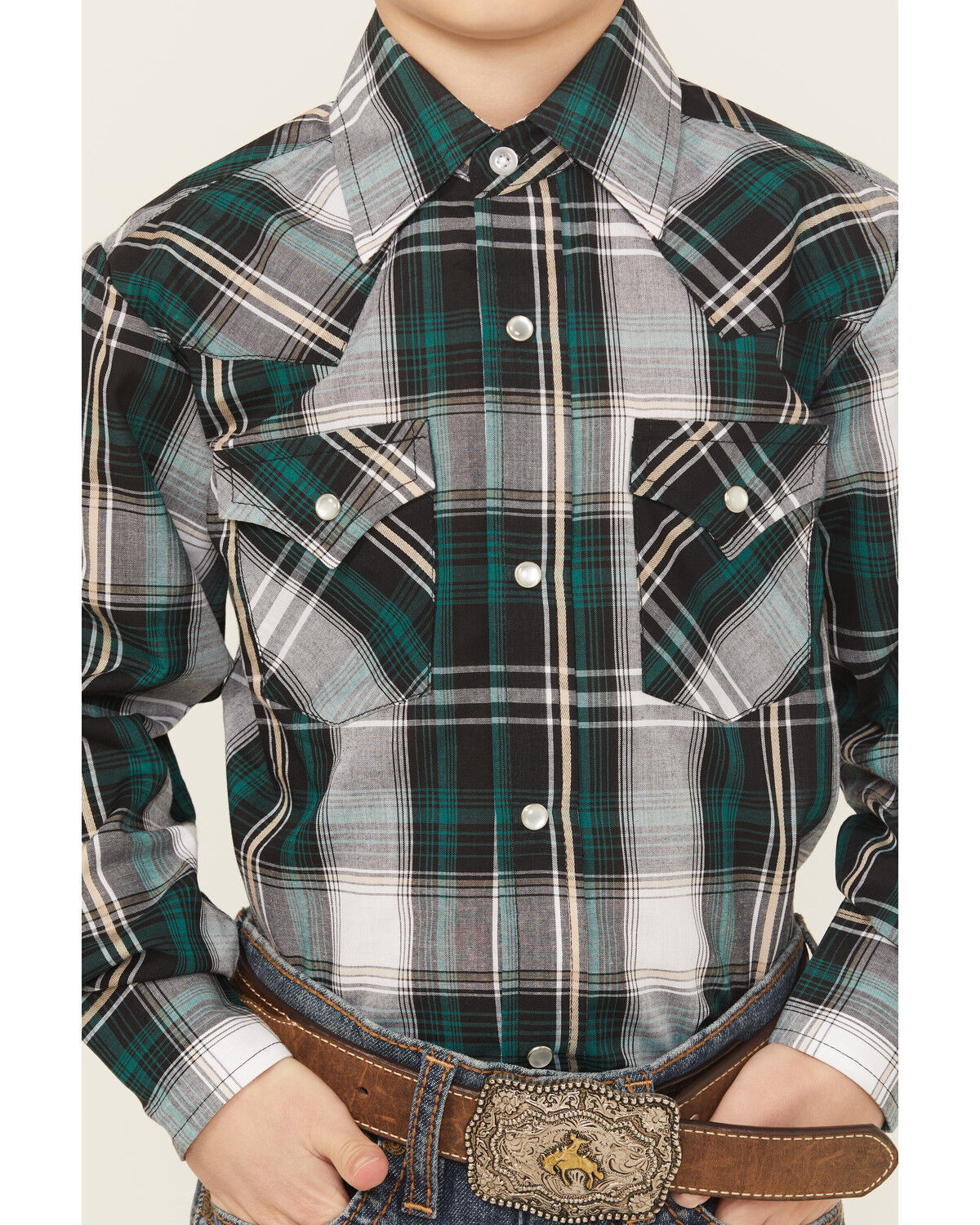 Image #3 - Ely Walker Boys' Plaid Print Long Sleeve Pearl Snap Western Shirt, Green, hi-res