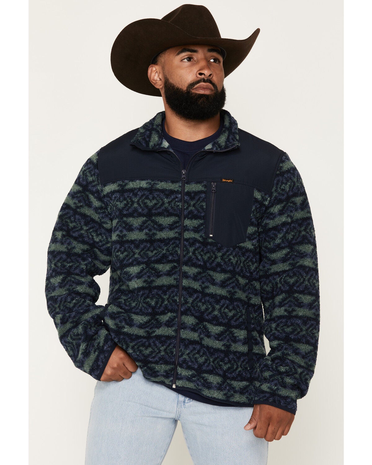 Wrangler Men's Southwestern Striped Print Fleece Jacket, Navy, hi-res