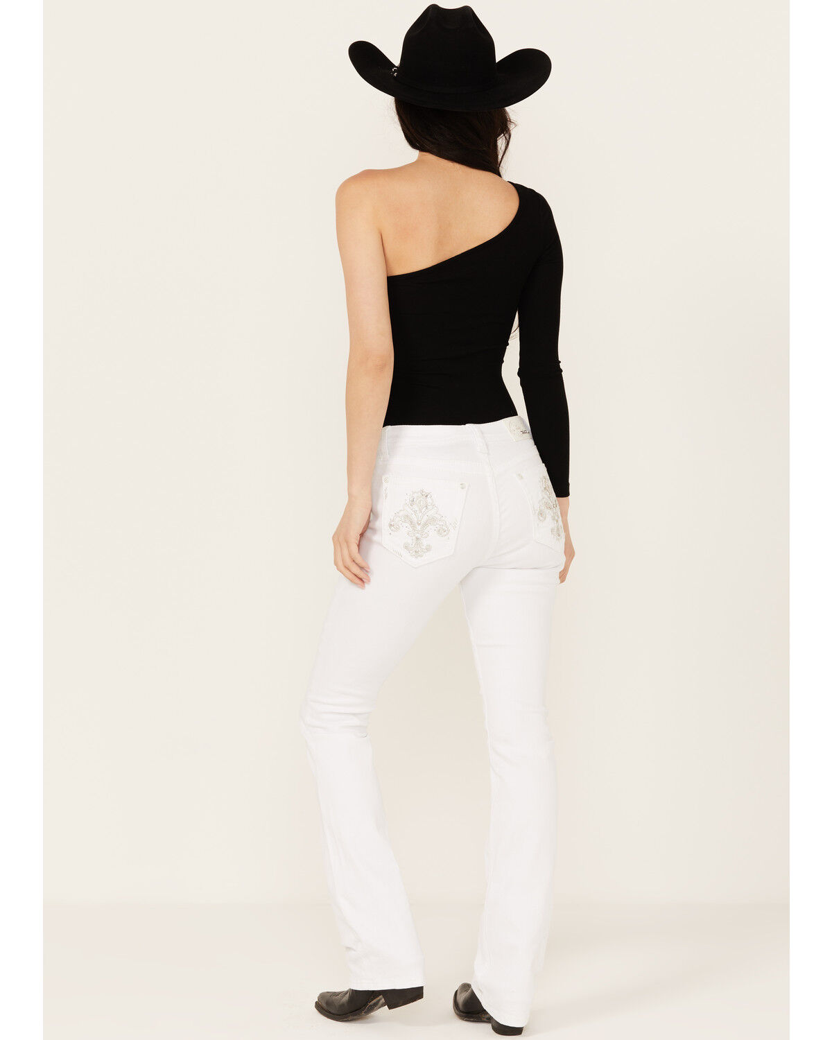 Image #1 - Grace In LA Women's Fleur De Lis Pocket Mid Rise Bootcut Stretch Denim Jeans, White, hi-res