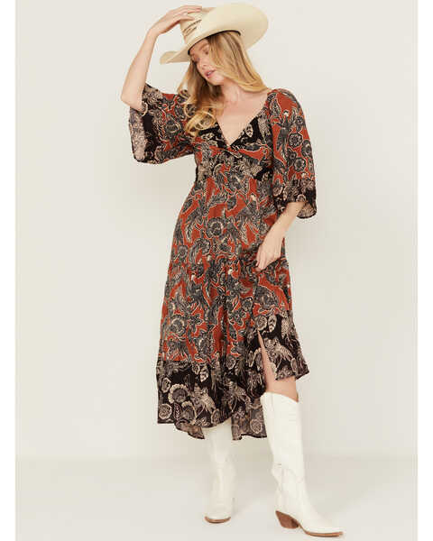 Image #1 - Angie Women's Paisley Print Midi Dress, Brown, hi-res