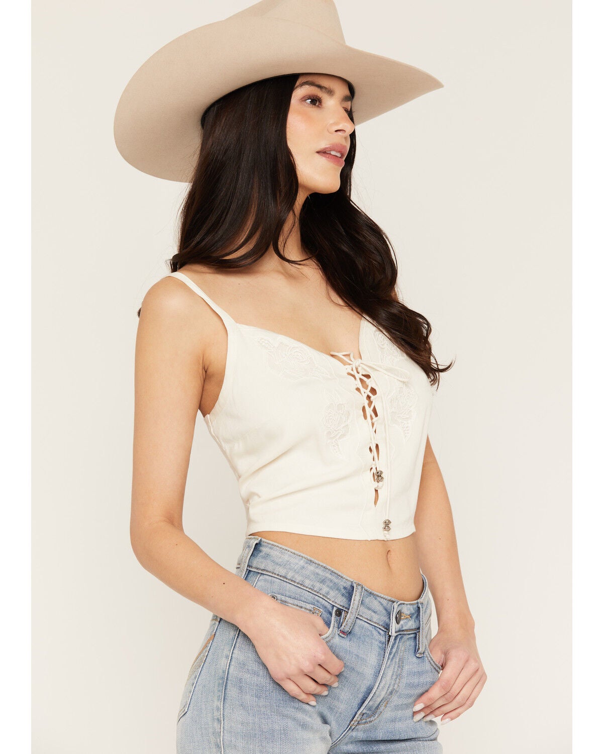 Image #2 - Idyllwind Women's Luna Cutout Floral Sleeveless Cropped Tank Top, Cream, hi-res