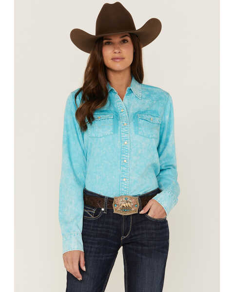 Kimes Ranch Women's KC Tencel Long Sleeve Pearl Snap Shirt, Turquoise, hi-res