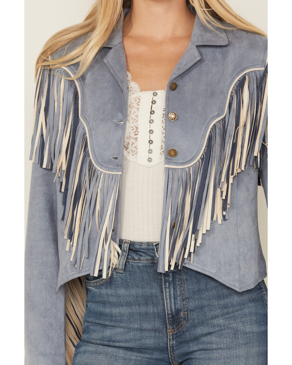 Image #3 - Saints & Hearts Women's Faux Fringe Suede Button-Down Jacket, Blue, hi-res