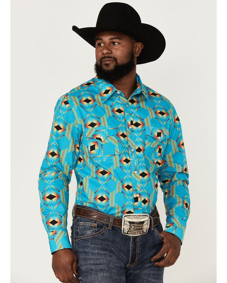 Dale Brisby Men's Turquoise Southwestern Print Long Sleeve Snap Western Shirt , Turquoise, hi-res