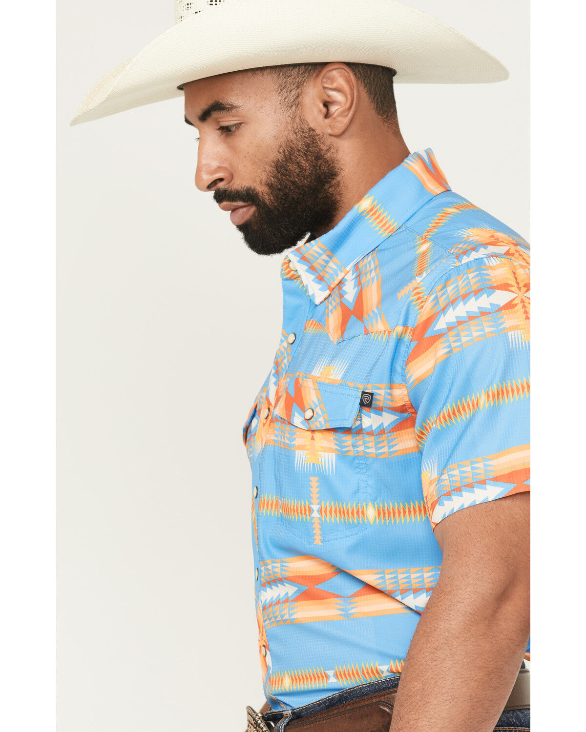 Image #2 - Rock & Roll Denim Men's Tek Southwestern Print Short Sleeve Snap Western Shirt, Blue, hi-res