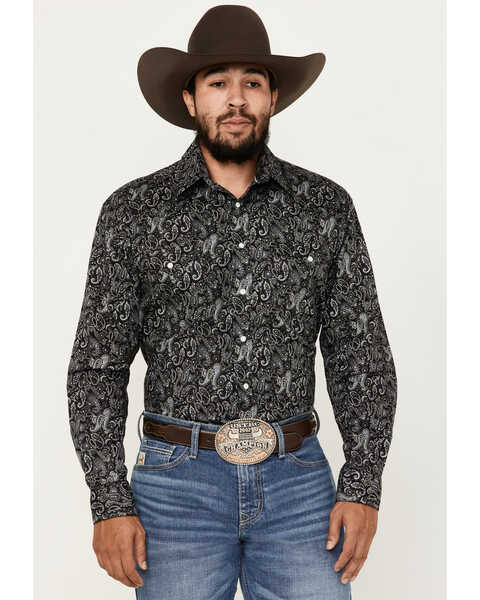 Image #1 - Rough Stock by Panhandle Men's Paisley Print Long Sleeve Snap Stretch Western Shirt, Charcoal, hi-res