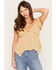 Image #1 - Wild Moss Women's Floral Print Hanky Hem Short Sleeve Top, Mustard, hi-res