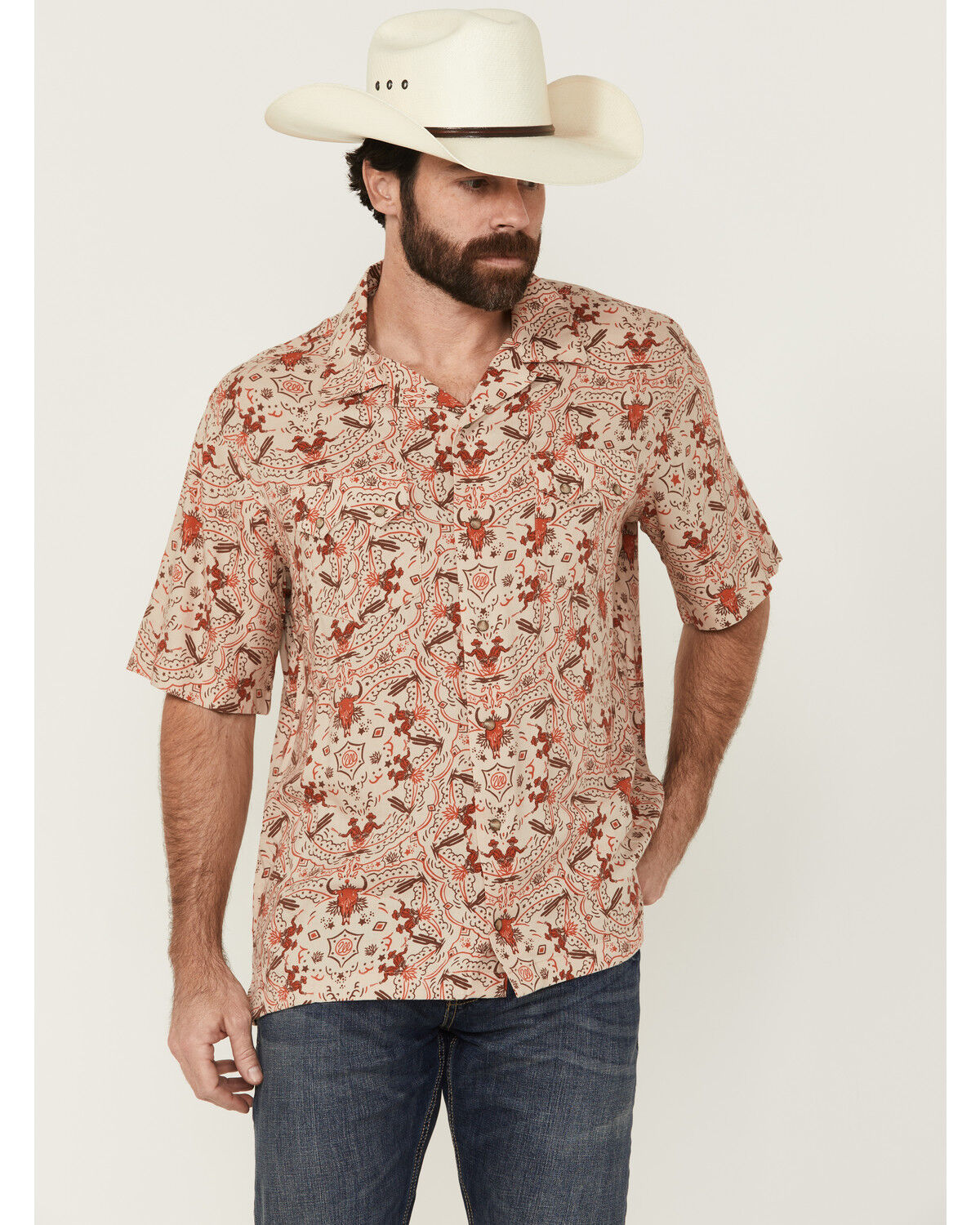 Image #1 - Wrangler Men's Coastal Cowboy Print Short Sleeve Snap Western Shirt, Orange, hi-res