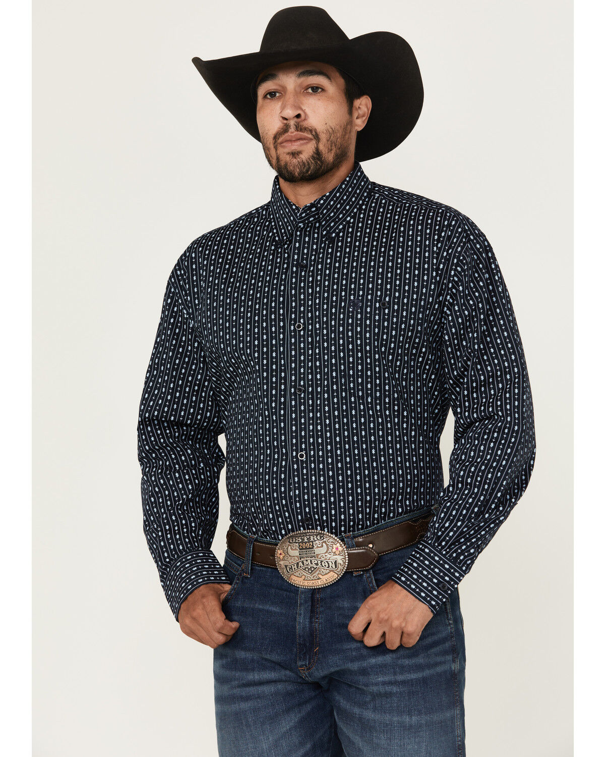 Image #1 - George Strait by Wrangler Men's Floral Striped Print Long Sleeve Button-Down Stretch Western Shirt - Tall, Blue, hi-res