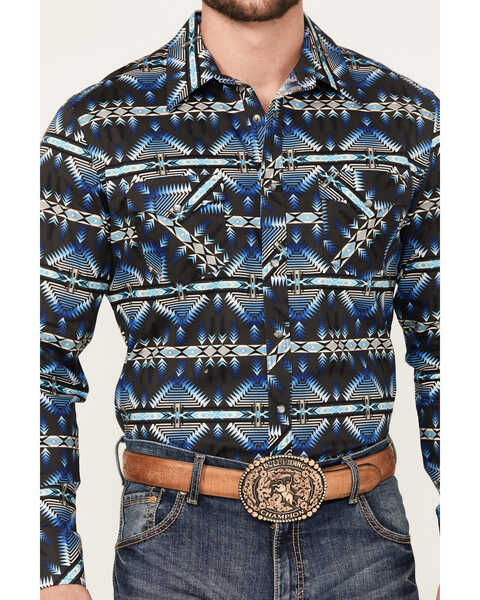 Image #3 - Rock & Roll Denim Men's Southwestern Print Stretch Long Sleeve Pearl Snap Western Shirt, Blue, hi-res