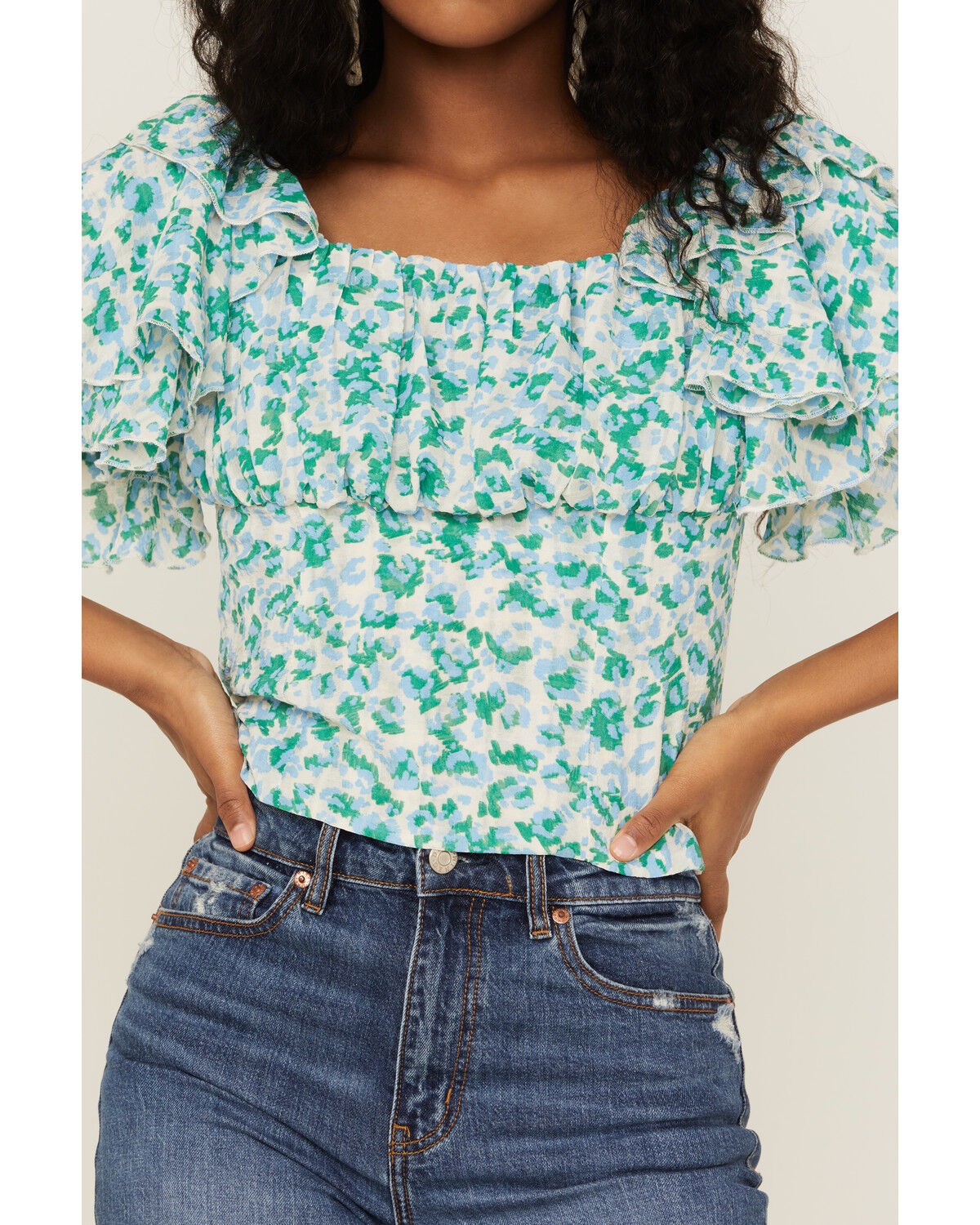 Image #3 - Molly Bracken Women's Floral Pattern Ruffle Sleeve Top, Blue, hi-res