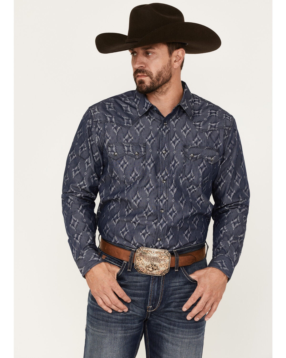 Moonshine Spirit&reg; Men's Mocasin Southwestern Print Long Sleeve Snap Western Shirt, Navy, hi-res