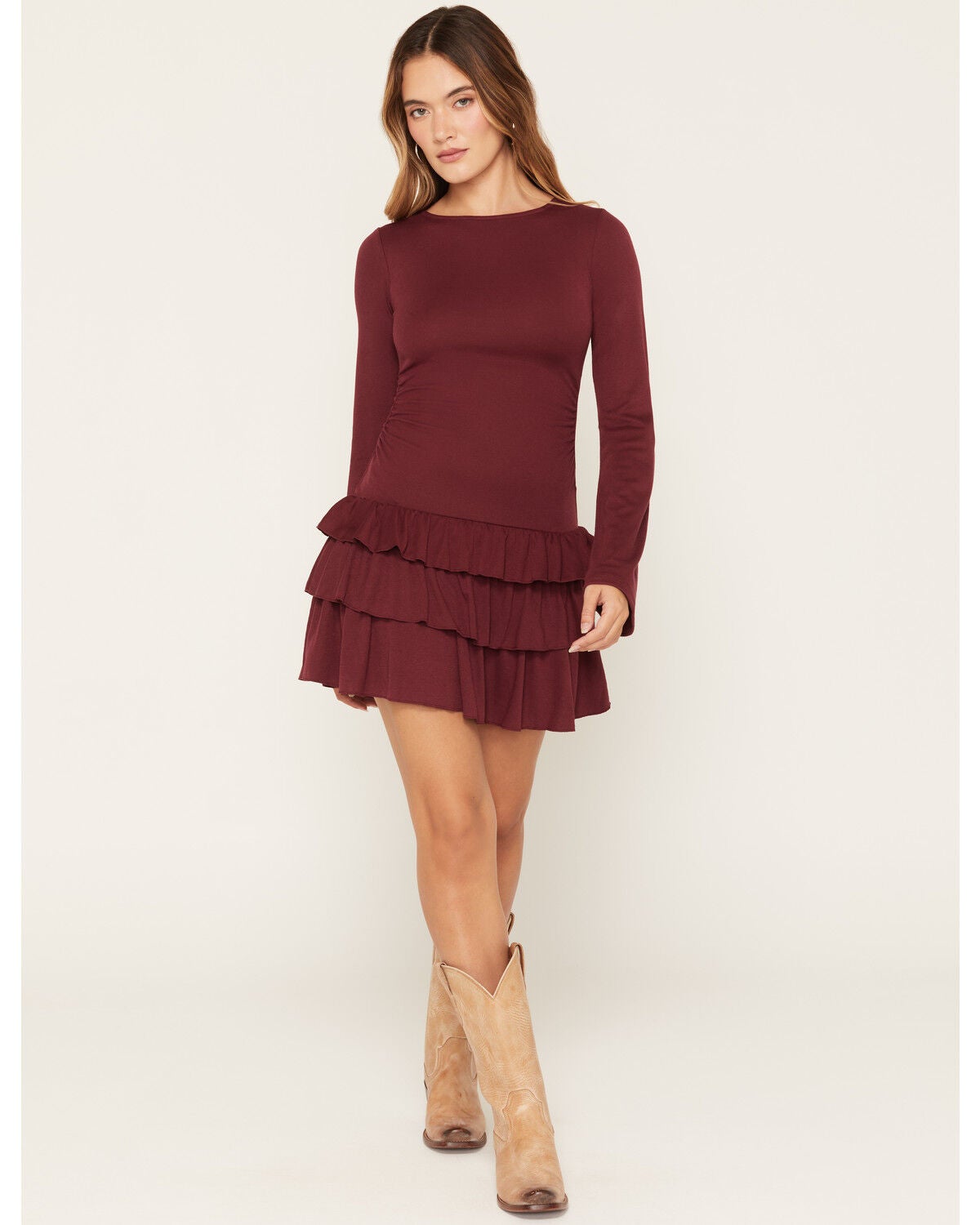 Cleo + Wolf Women's Drop Waist Tiered Knit Mini Dress, Wine, hi-res