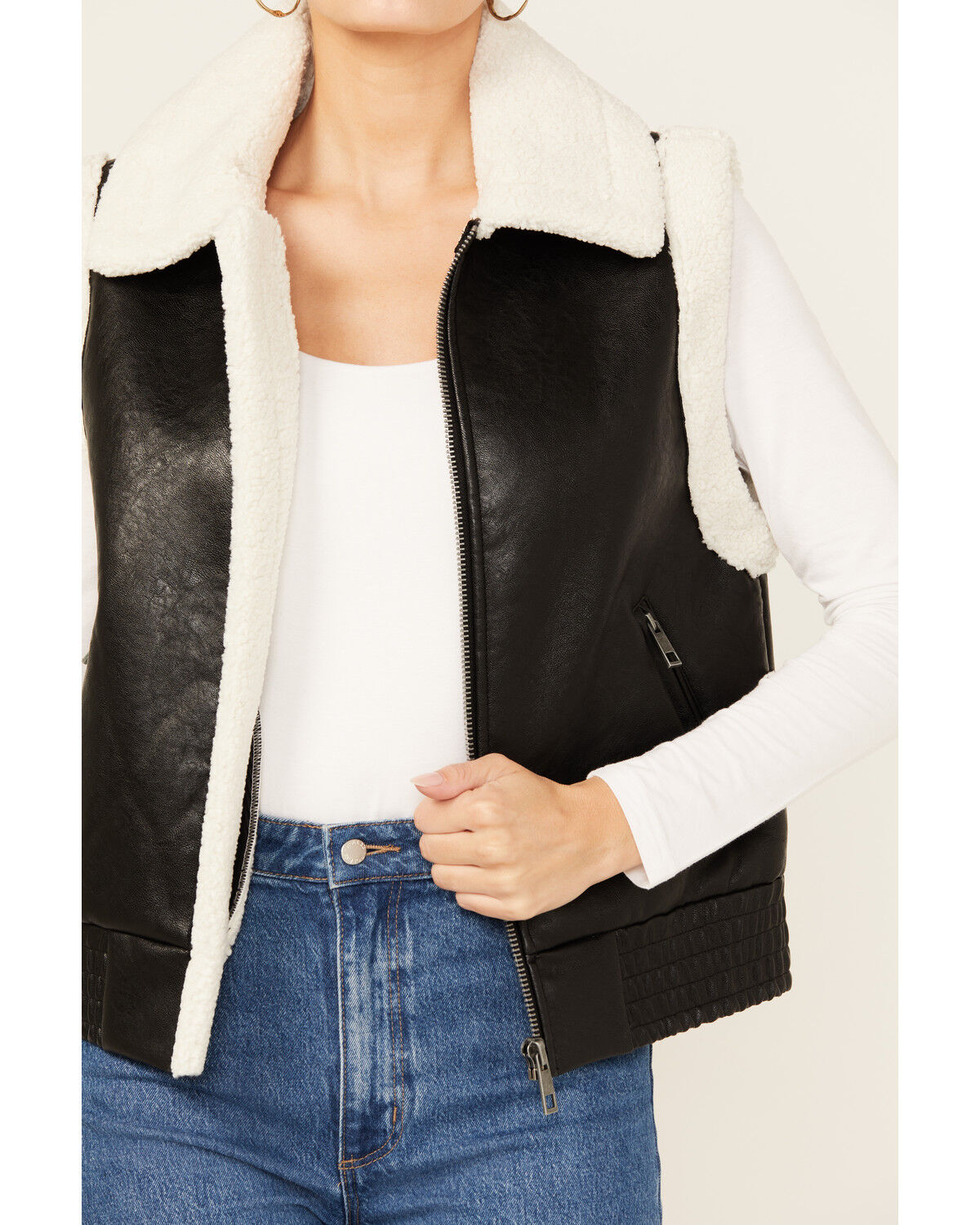 Image #3 - Ashley Women's Faux Leather Aviator Sherpa Zip-Up Vest, Black, hi-res