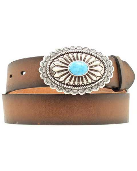 Ariat Women's Turquoise Oval Western Buckle Belt, Brown, hi-res